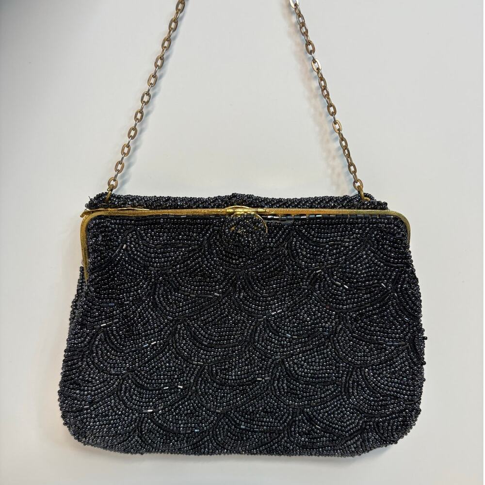 Vintage Black Beaded Evening Bag Gold Chain Handle Purple Silk Lining
